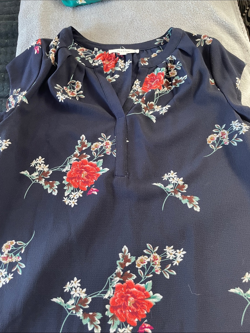 fun 2 fun Navy Floral Split-Neck Blouse